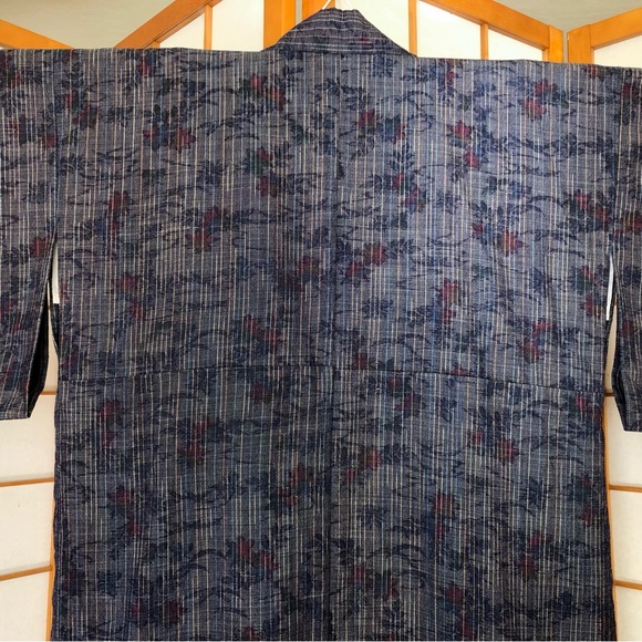 Authentic Vintage Japanese Navy Blue Kimono Robe with Maple Leaves Cotton Blend - Picture 7 of 12